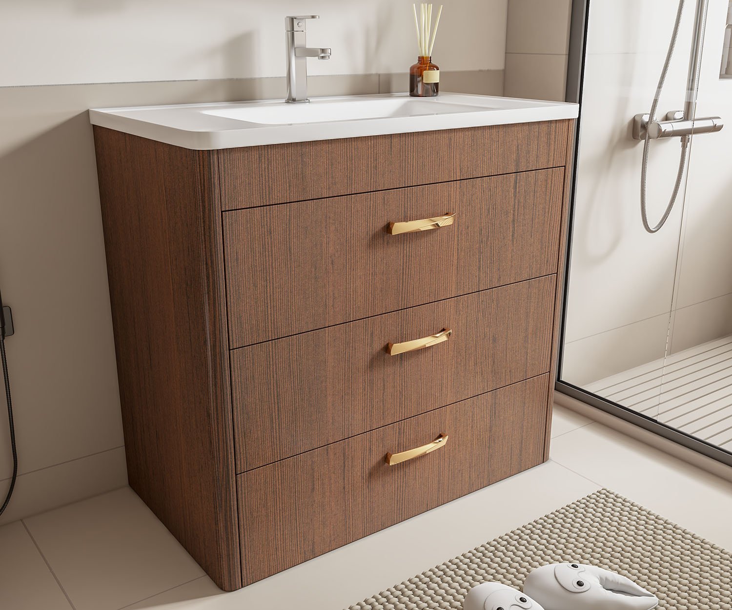 Curved Grain Bathroom Furniture Vanity Set Floor Standing Sink Cabinet with Gold Handles