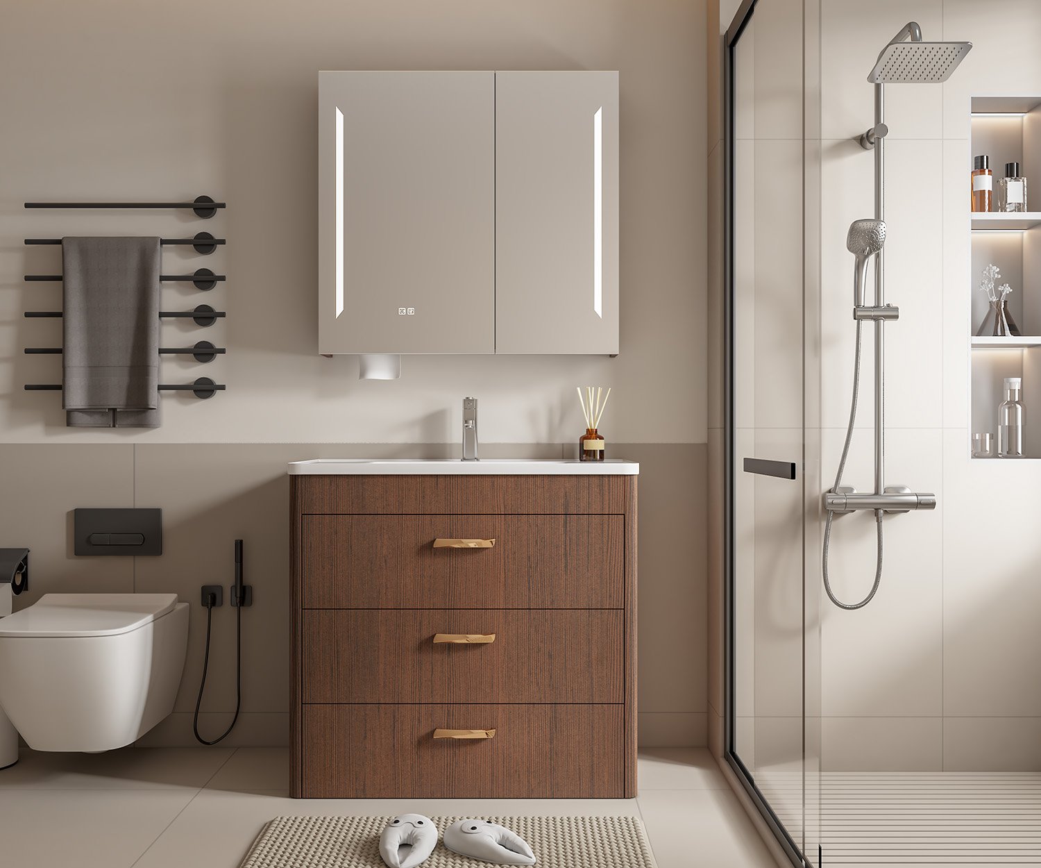 Curved Grain Bathroom Furniture Vanity Set Floor Standing Sink Cabinet with Gold Handles