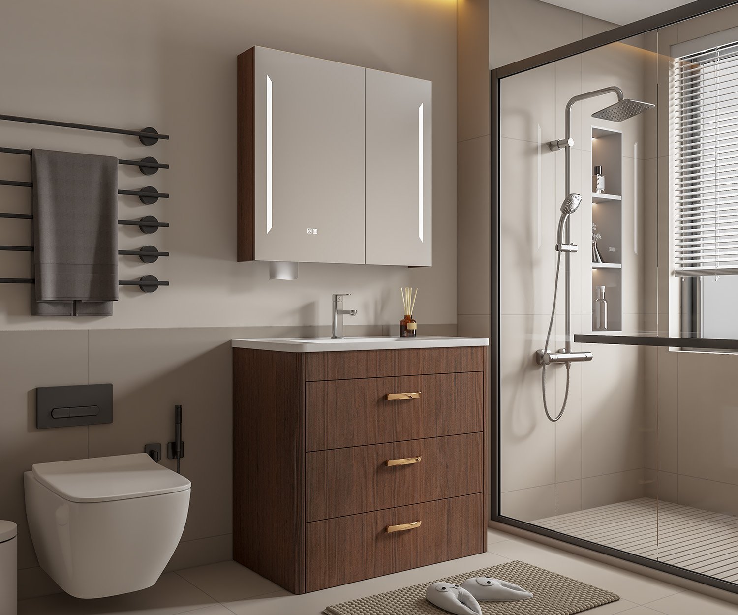 Curved Grain Bathroom Furniture Vanity Set Floor Standing Sink Cabinet with Gold Handles