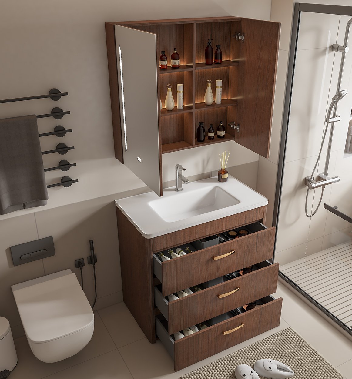 Curved Grain Bathroom Furniture Vanity Set Floor Standing Sink Cabinet with Gold Handles