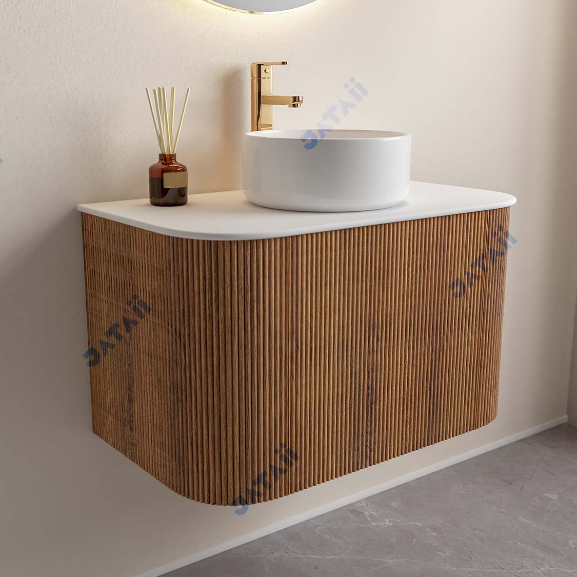 JATAII Curved Fluted Wood Vanity Round Mirror