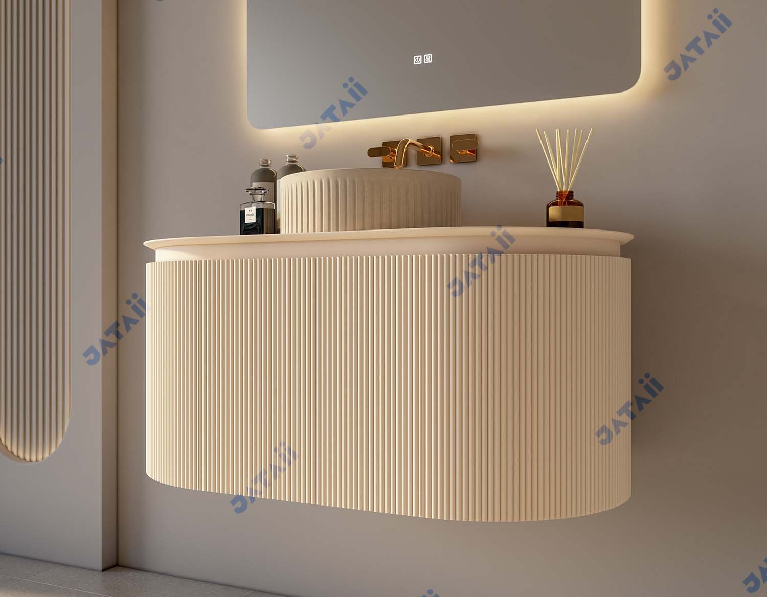 JATAII 900mm Cream Fluted Oval Floating Vanity with Matching Vessel Sink GS016