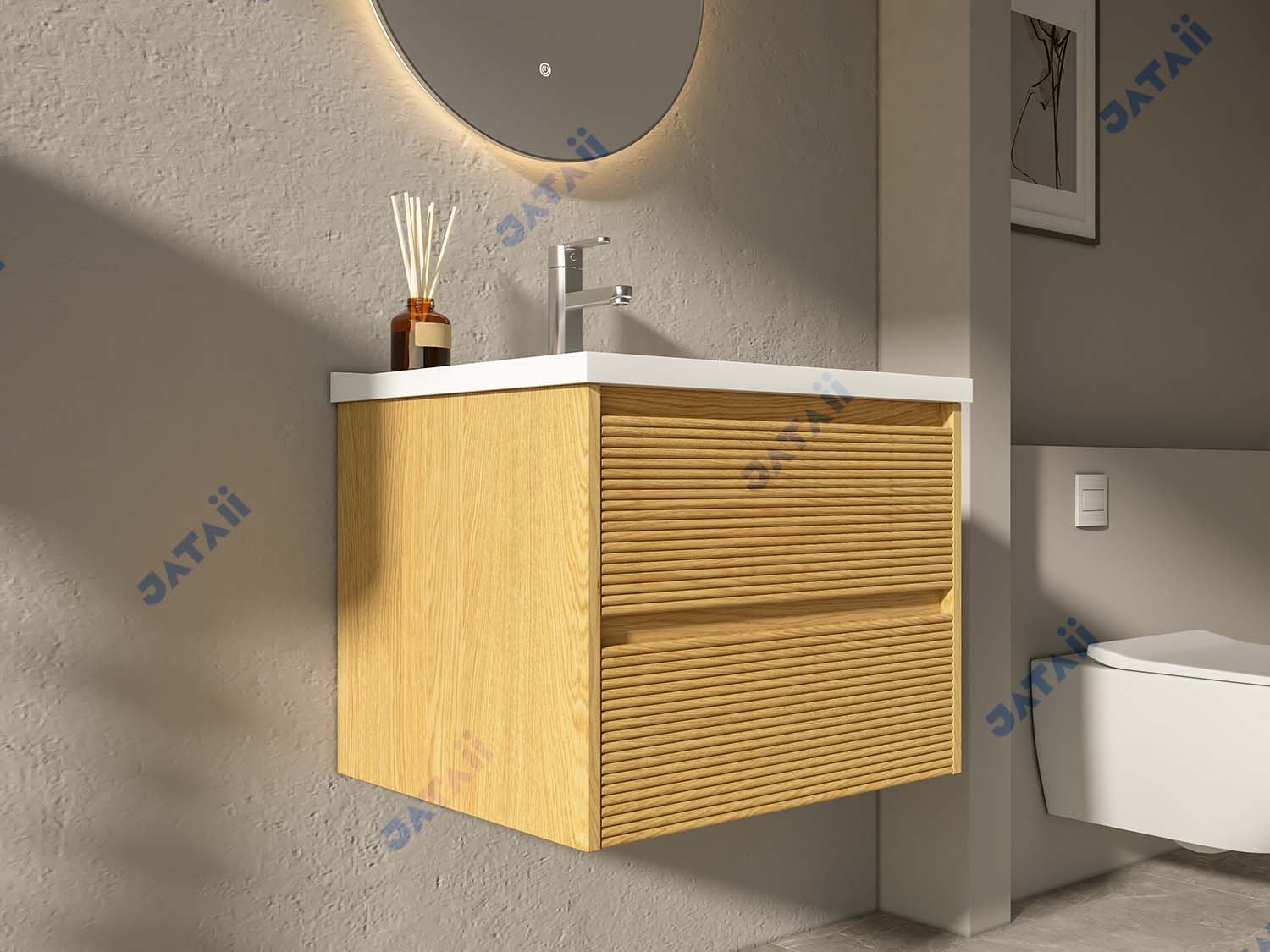 JATAII Wholesale Commercial 600mm Fluted Oak Floating Vanity GS017