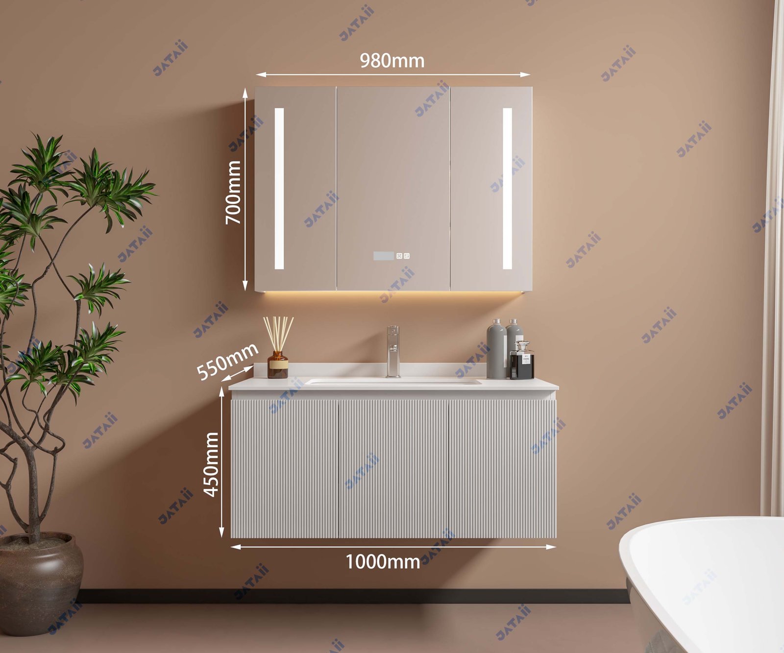 JATAII Wholesale 1000mm White Fluted Floating Vanity & Smart Mirror Combo GS018