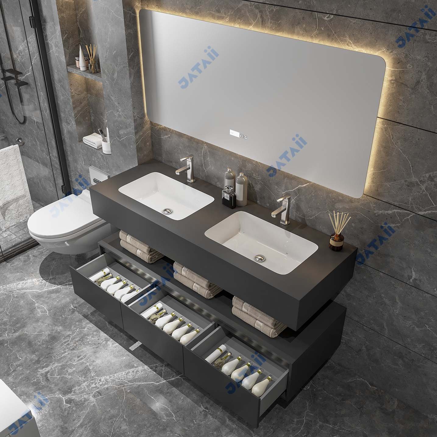 JATAII Matte Grey Double Sink Bathroom Vanity ht009