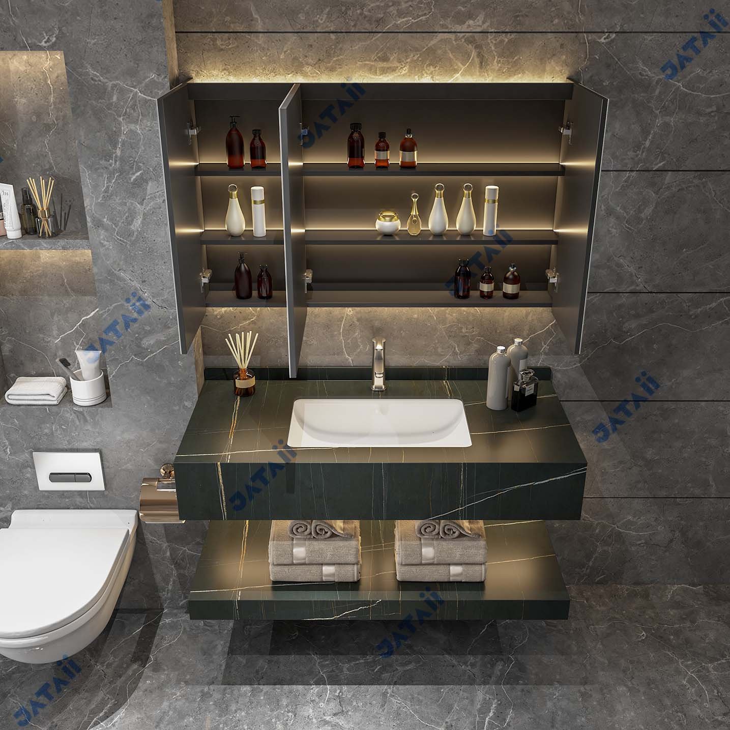 JATAII Black Marble Floating Vanity Medicine Cabinet ht010