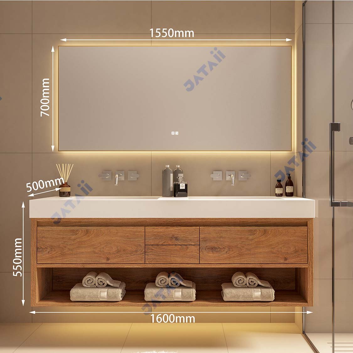 JATAII Wood Grain Double Sink Vanity Drawers ht012