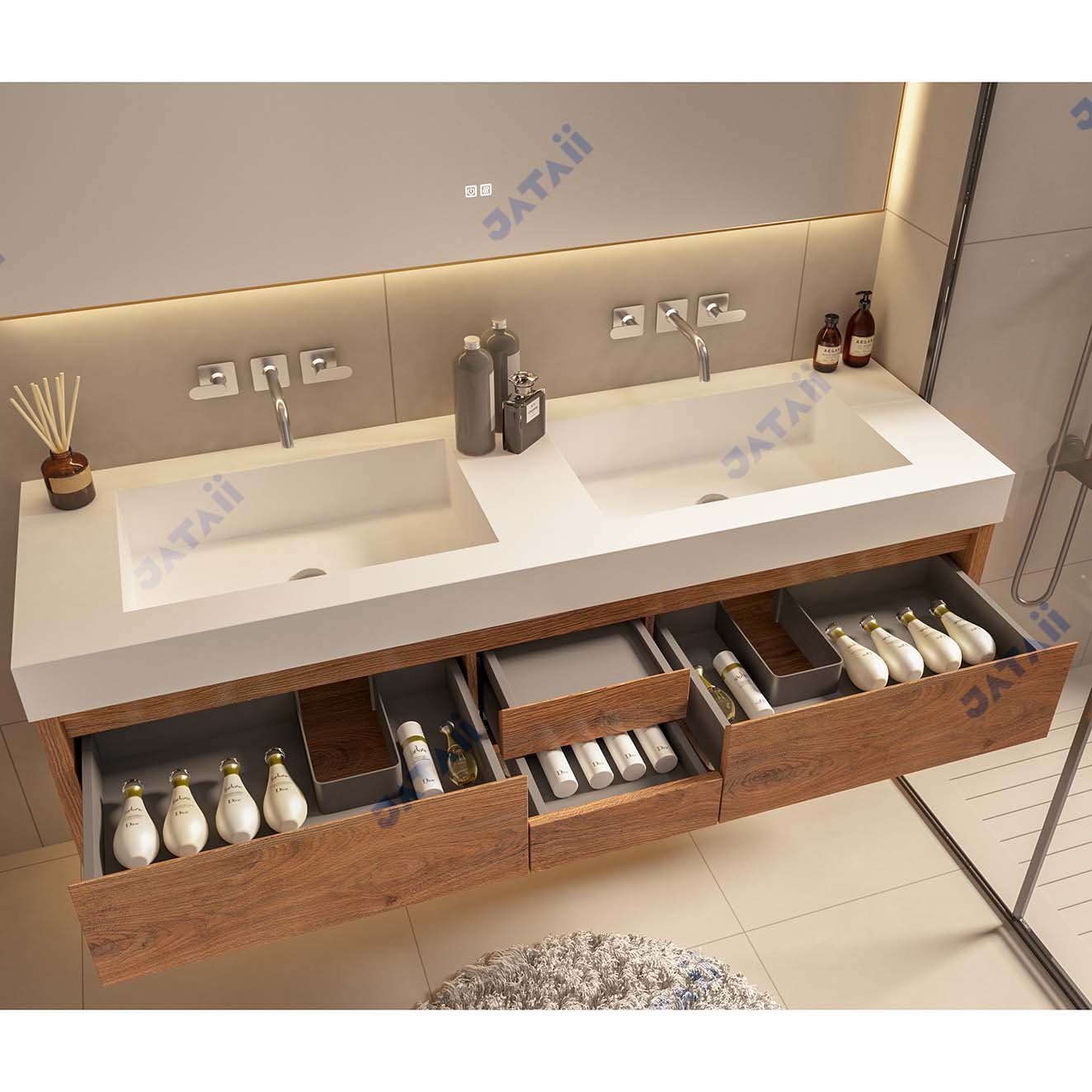 JATAII Wood Grain Double Sink Vanity Drawers ht012