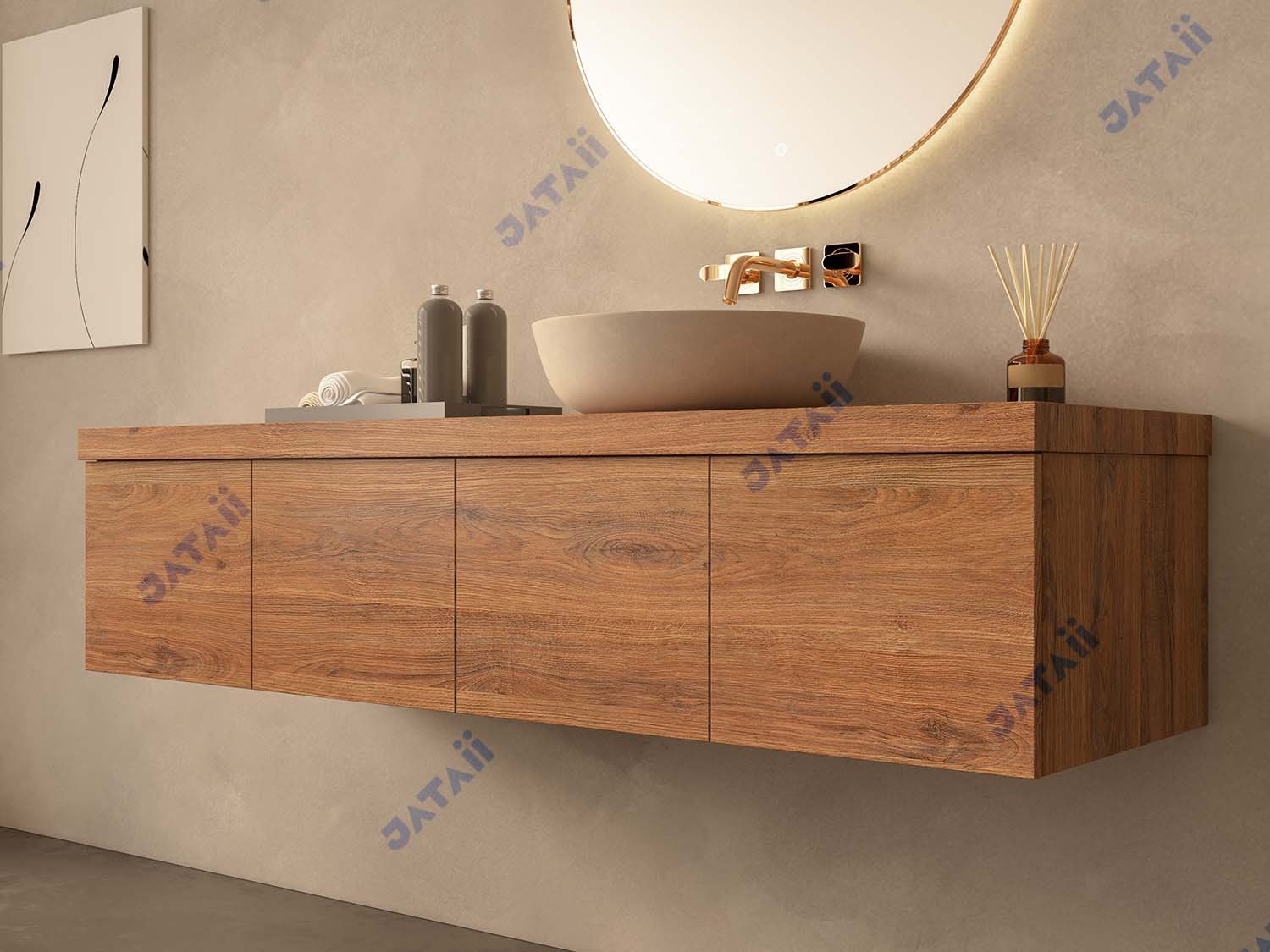 JATAII Long-Wood Grain Vanity 4 Drawers Vessel Sink ht013