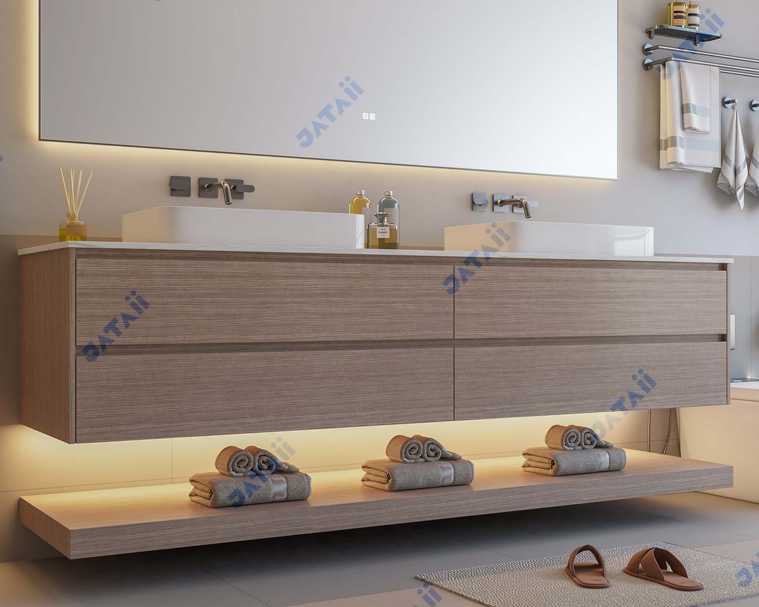 JATAII Wood Double Vessel Sink Marble Vanity ht014