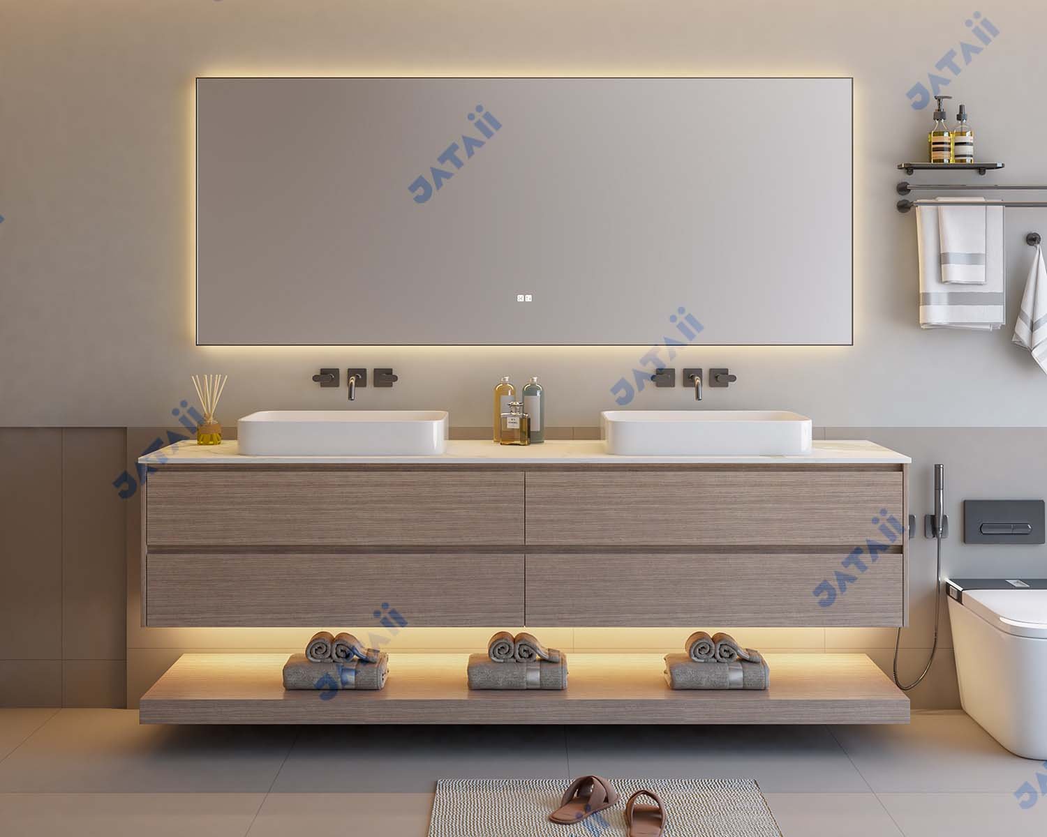 JATAII Wood Double Vessel Sink Marble Vanity ht014