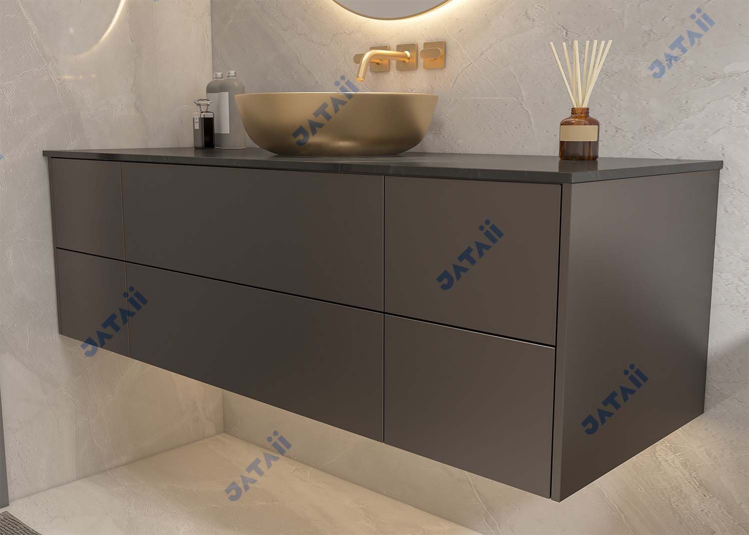 JATAII Luxury 1600mm Dark Floating Vanity with Gold Vessel Sink & Sintered Stone Top