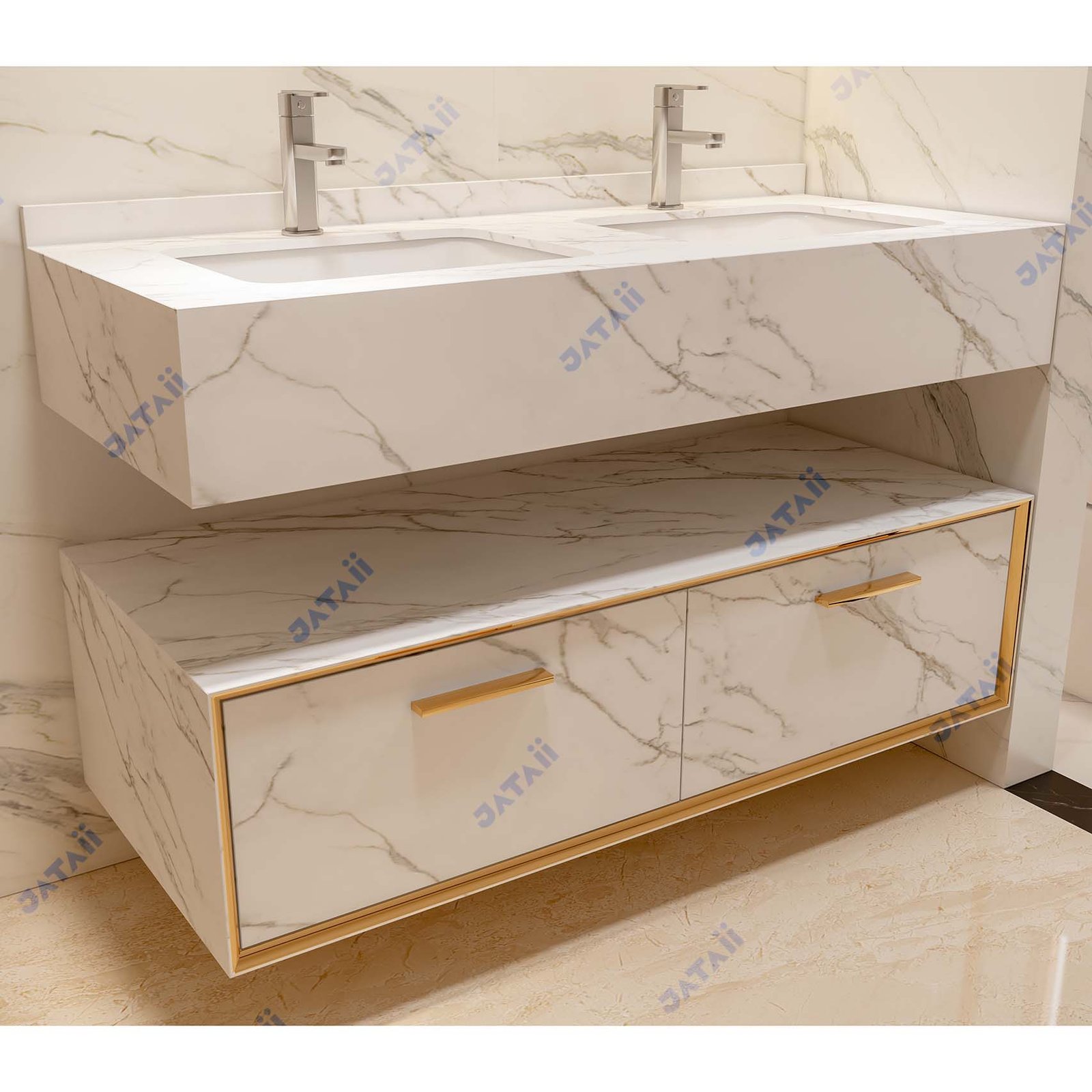JATAII White Marble Double Sink Bathroom Vanity SC006