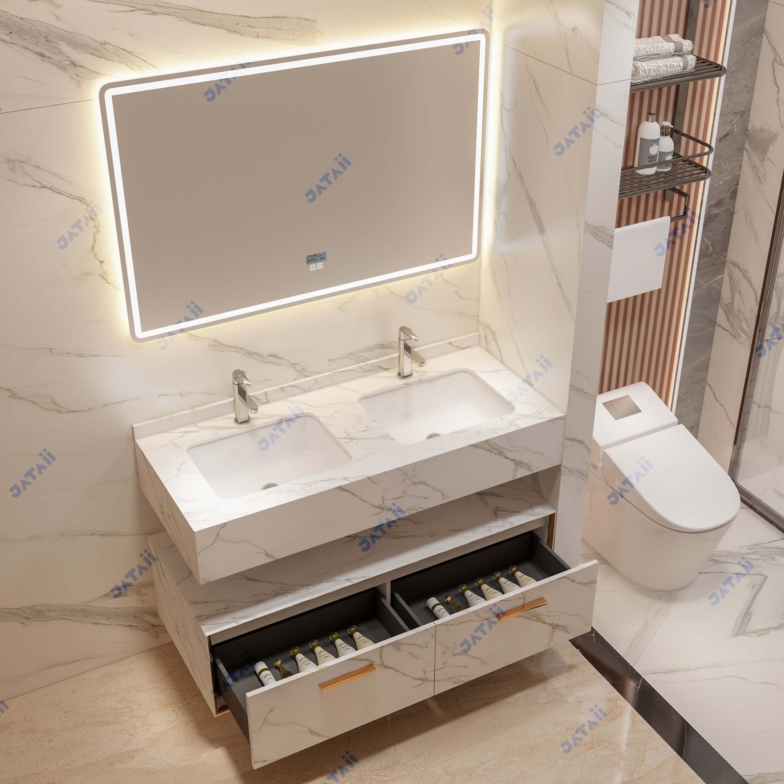 JATAII White Marble Double Sink Bathroom Vanity SC006