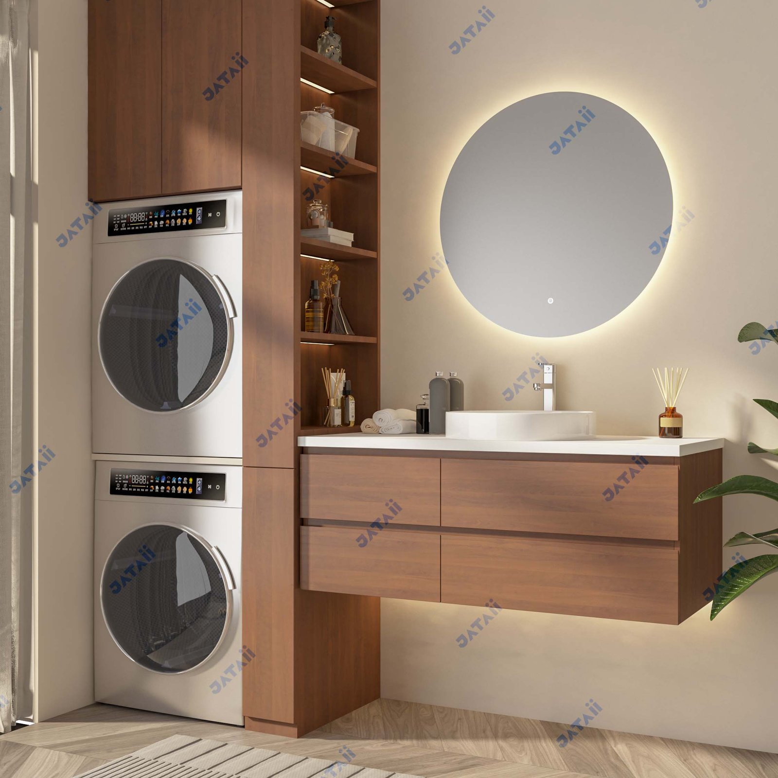 JATAII Wood Grain Vanity Double Drawers Vessel Sink SC007