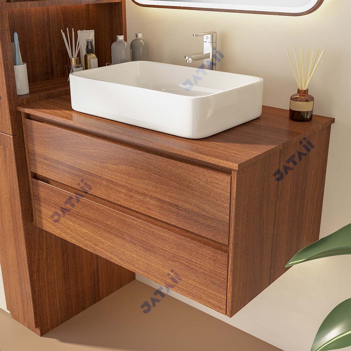 JATAII Dark Wood Vanity Double Drawers Vessel Sink SC008