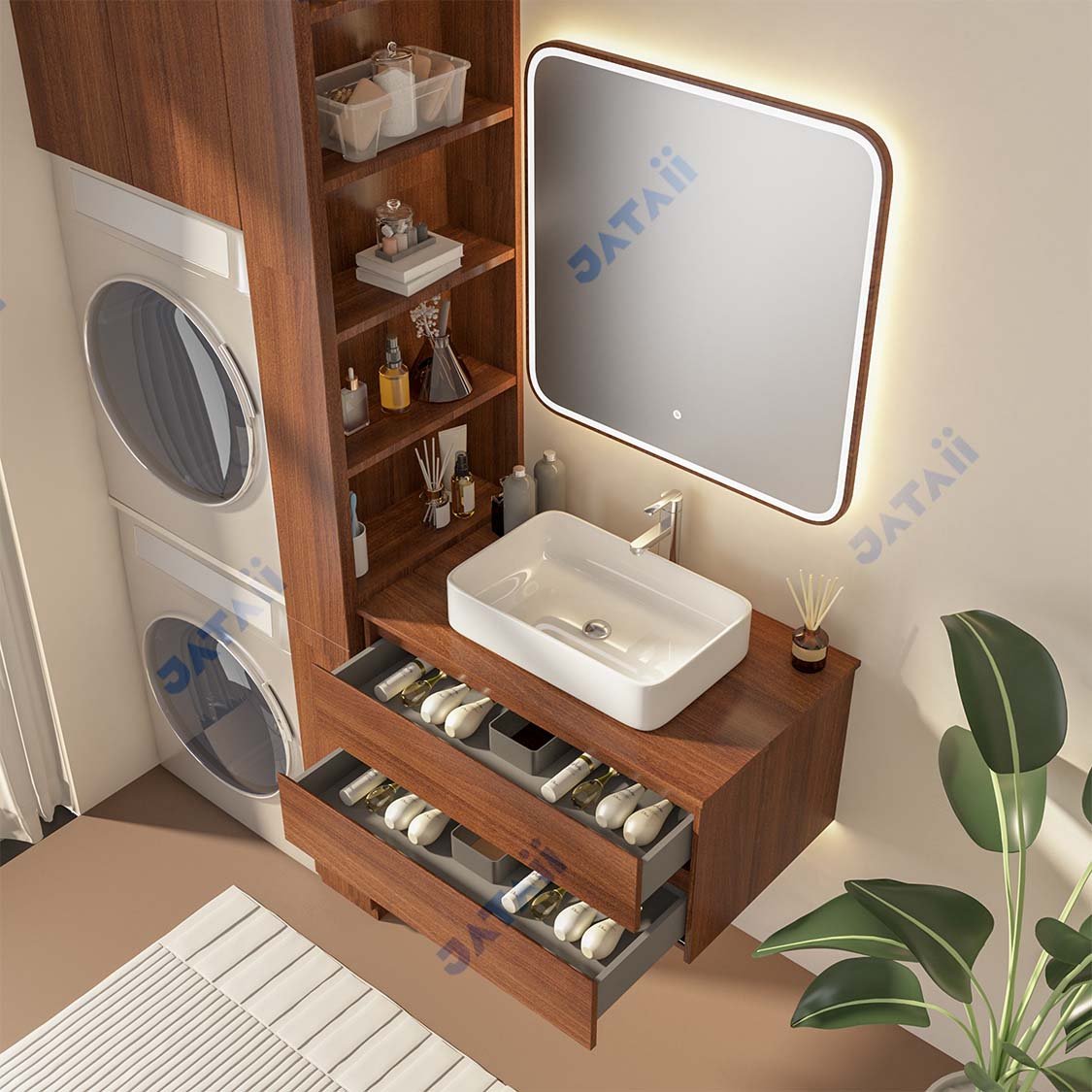 JATAII Dark Wood Vanity Double Drawers Vessel Sink SC008