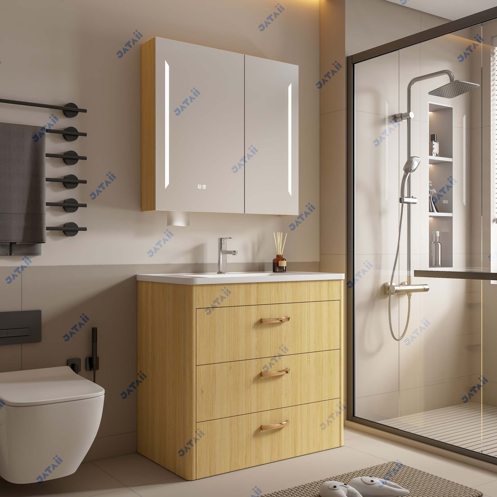 Curved Grain Bathroom Furniture Vanity Set Floor Standing Sink Cabinet with Gold Handles