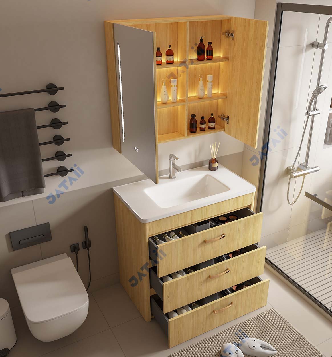 Curved Grain Bathroom Furniture Vanity Set Floor Standing Sink Cabinet with Gold Handles