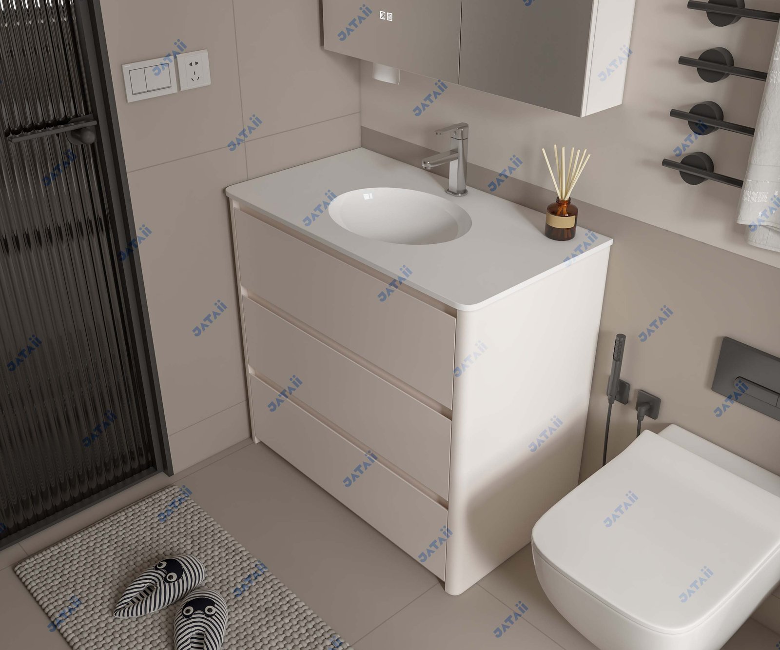 JATAII White Freestanding Vanity 3 Drawers Medicine Cabinet