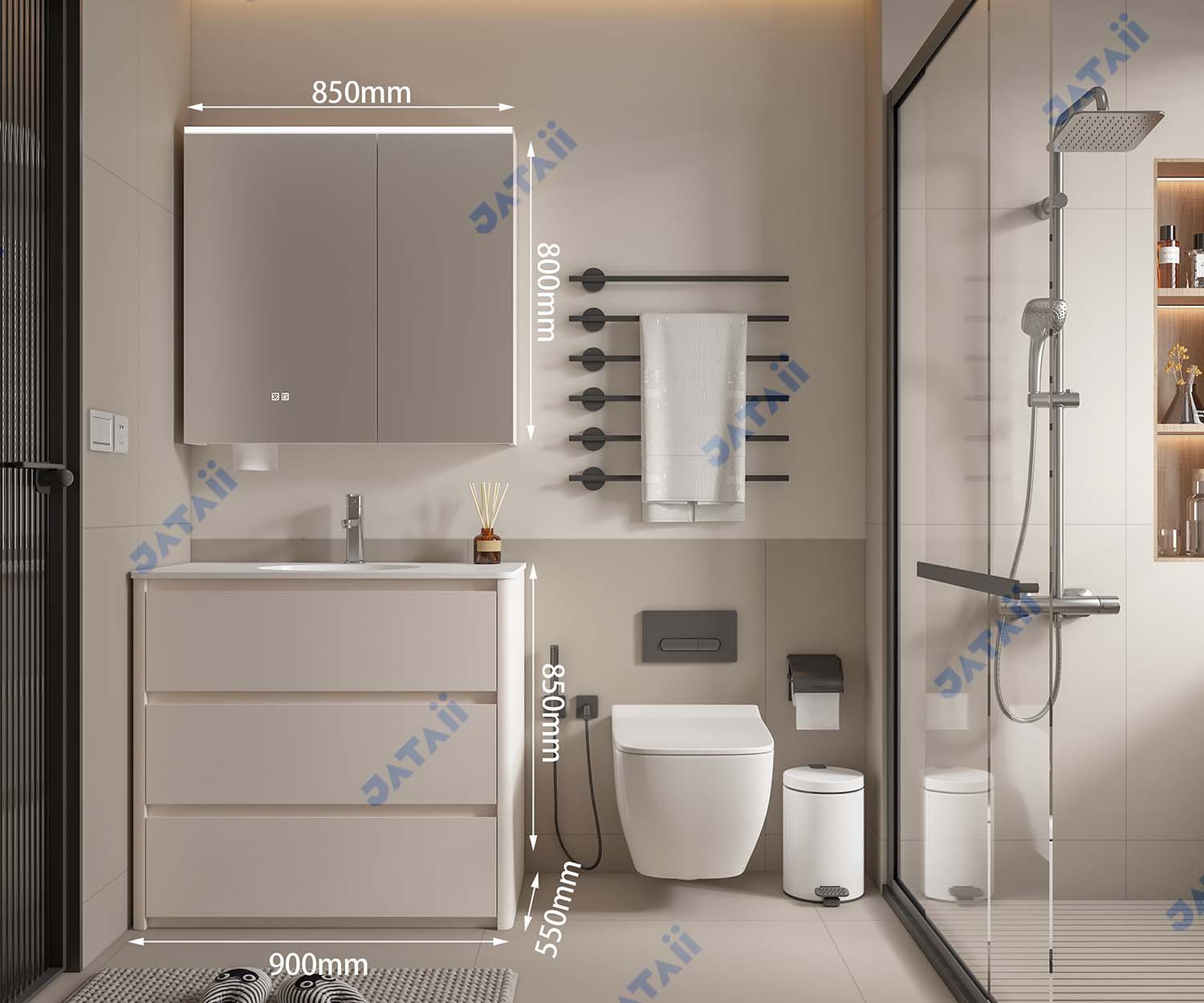 JATAII White Freestanding Vanity 3 Drawers Medicine Cabinet