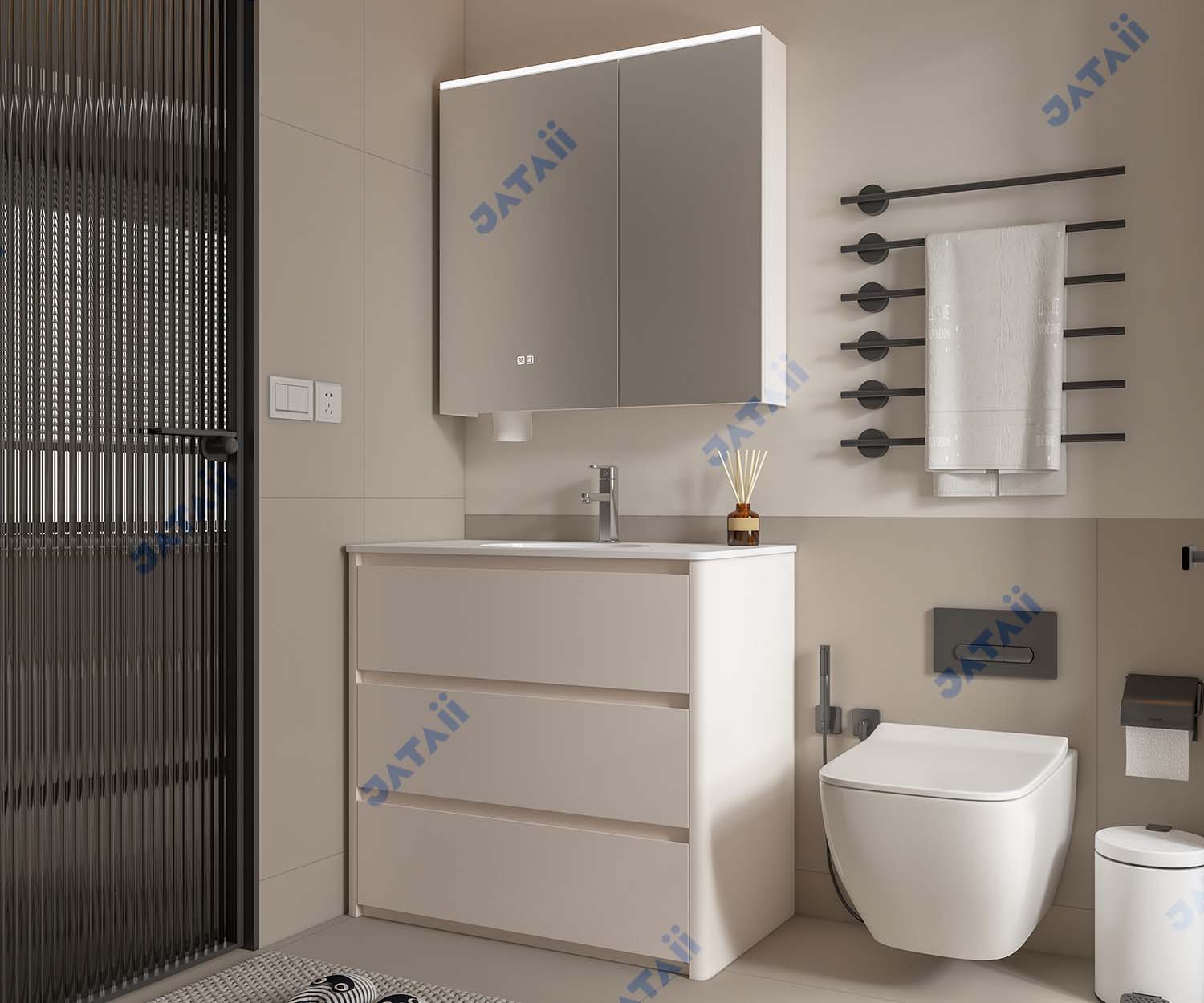 JATAII White Freestanding Vanity 3 Drawers Medicine Cabinet