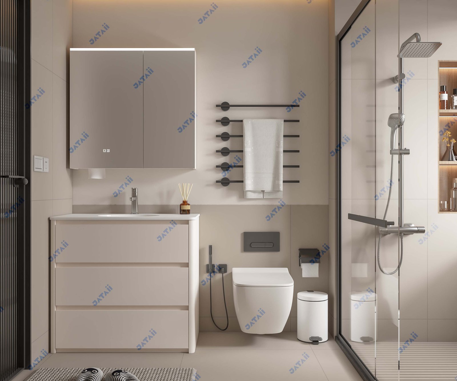 JATAII White Freestanding Vanity 3 Drawers Medicine Cabinet