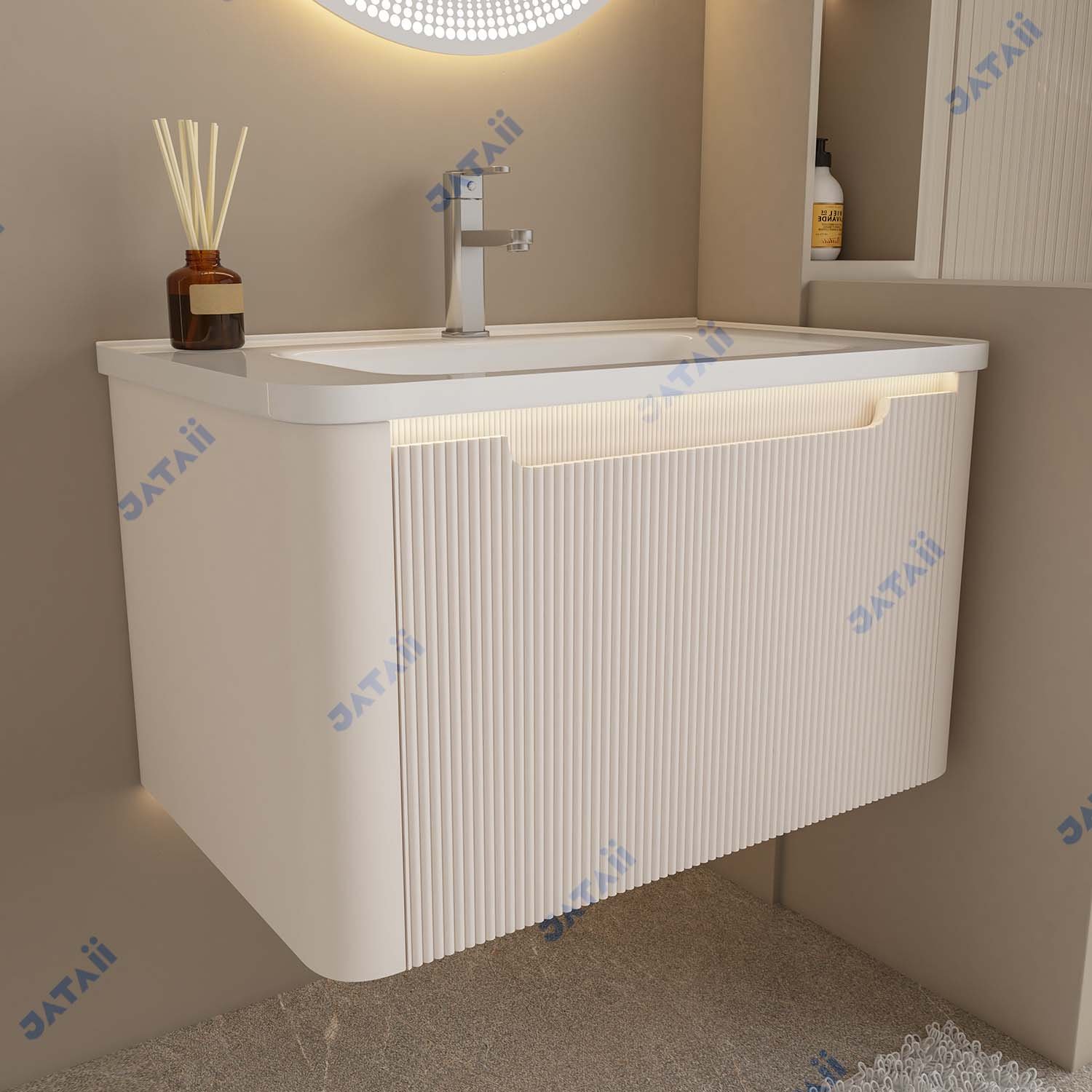 Minimalist Curved Fluted Wall-Mounted Bathroom Vanity with Round LED Mirror