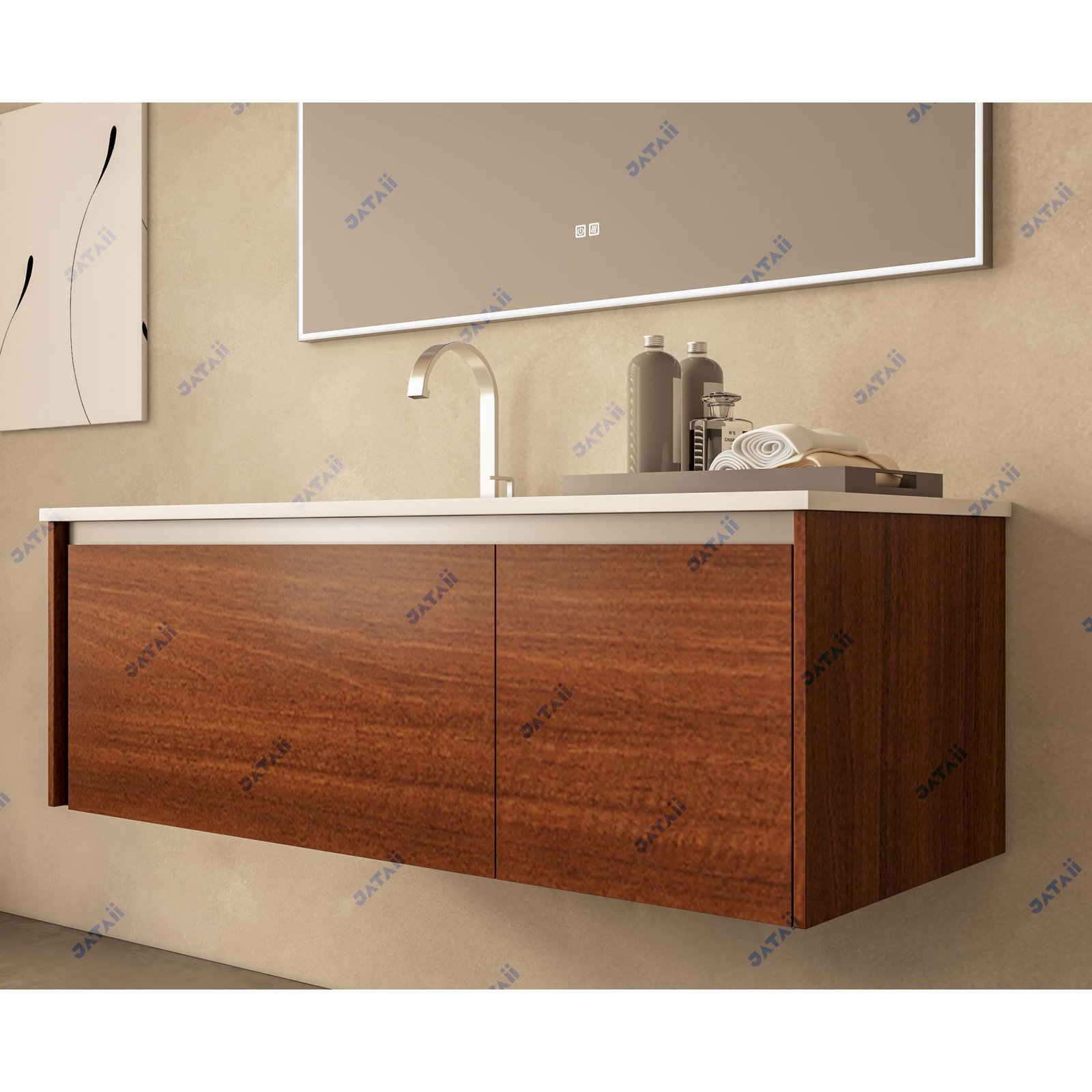 1300mm Wood Grain Stainless Steel Vanity with Asymmetrical Sink & LED Mirror